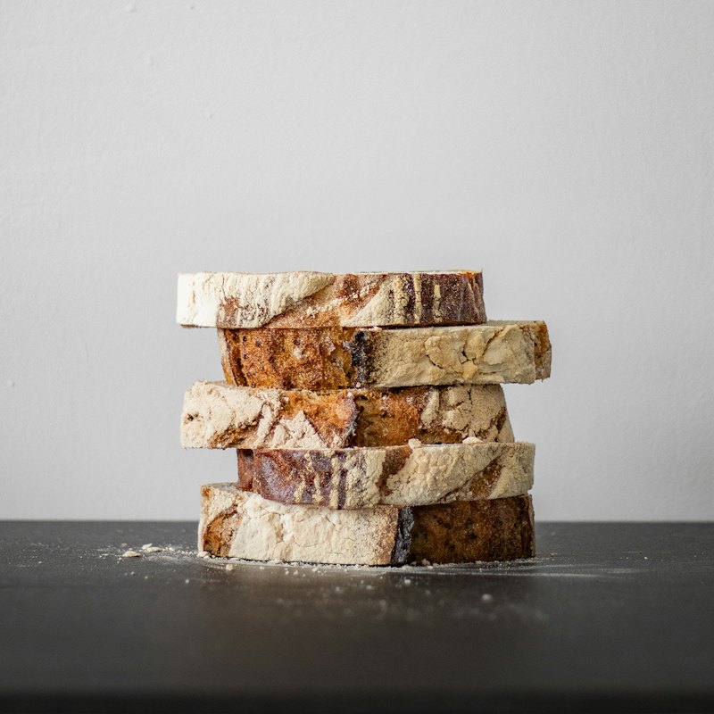 A stack of sliced bread on a table
